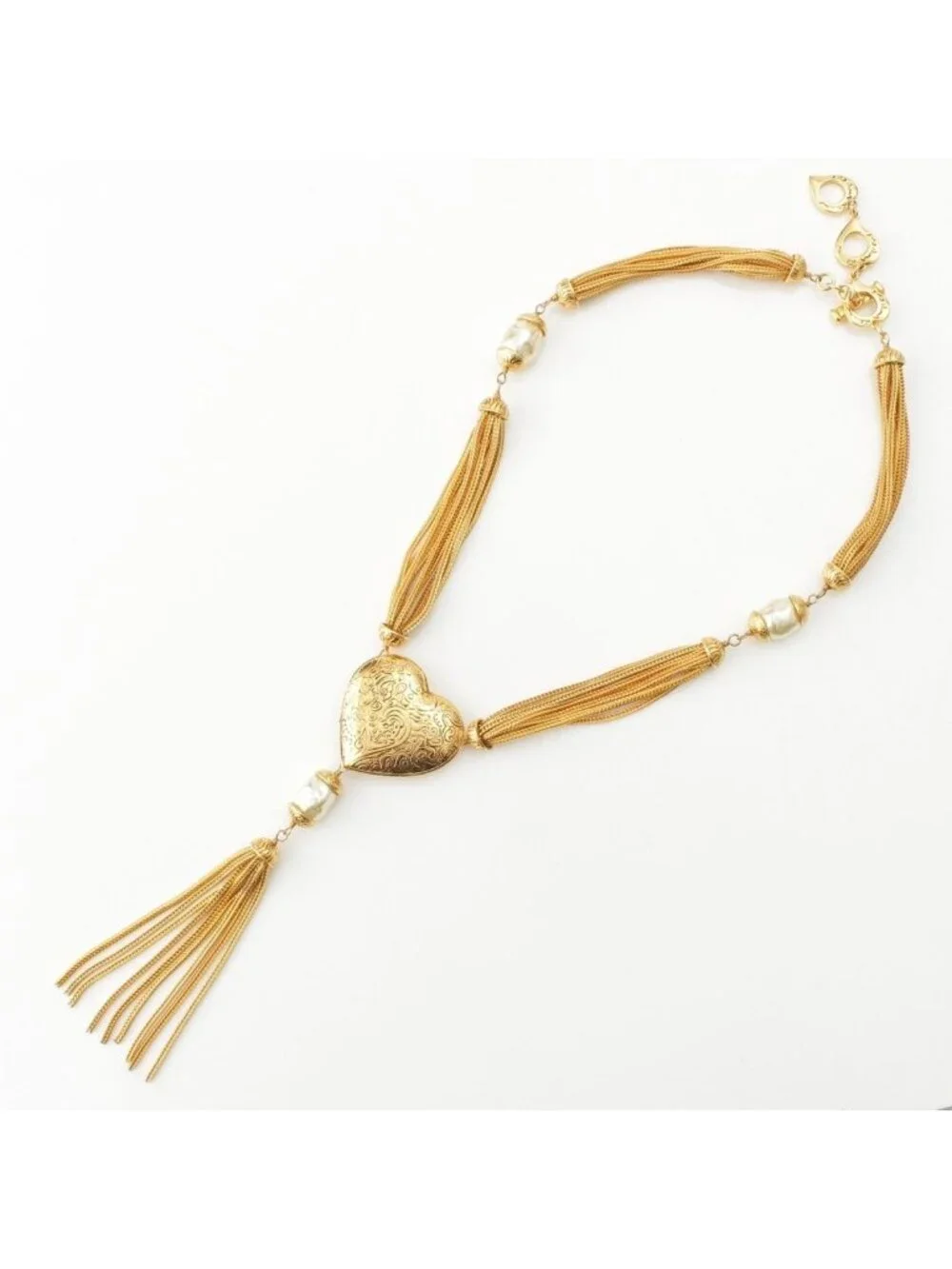 Saint Laurent Vintage Heart Fringe Pearl Necklace Gold